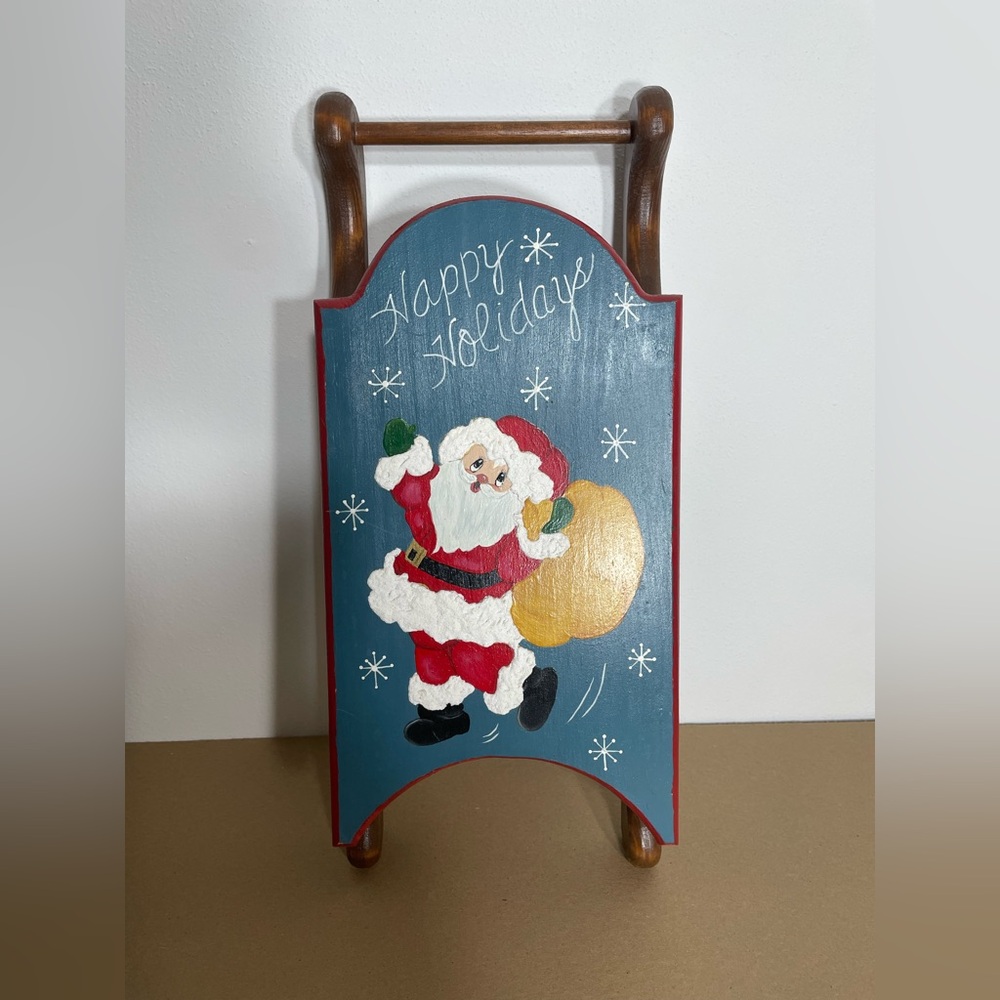 Happy Holidays Santa Clause Decorative Wood Sleigh Hand Painted Christmas
